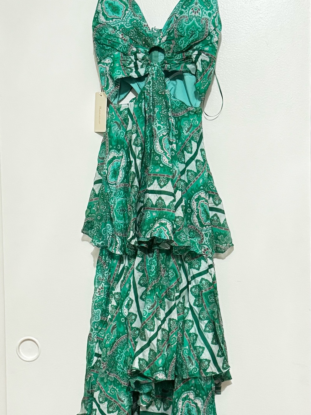 Rosevelvet Green Paisley Tiered Maxi Dress with Front Design
